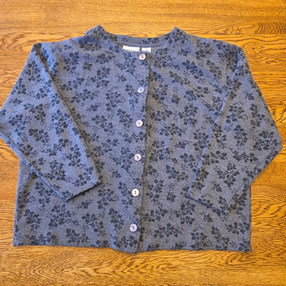 Vintage Fashion Bug Blue Grey Floral Leaf Print Button Front Cardigan Sweater XL